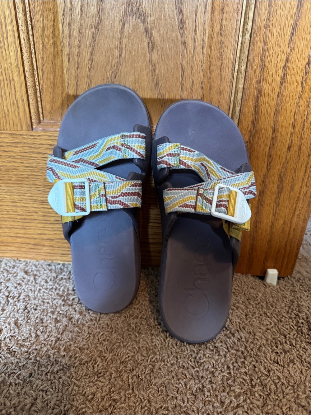 Chaco brown Footbed Slides  with Yellow and Brown Patterned Straps - Picture 2 of 4